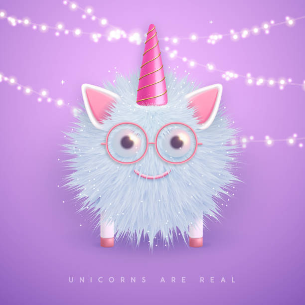 ilustraciones, imágenes clip art, dibujos animados e iconos de stock de unicornio esponjoso realista en 3d con cuerno rosa aislado sobre fondo violeta. ilustración vectorial - fluffy sphere cartoon imagination