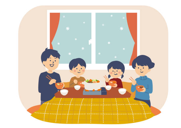 Illustration of a family eating hot pot with a kotatsu Illustration of a family eating hot pot with a kotatsu family reunion clip art stock illustrations