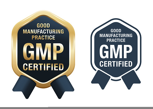 GMP certified golden and flat emblem - Good manufacturing practices - conforming to the guidelines recommended by agencies that control the authorization