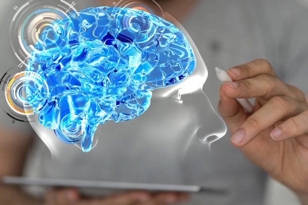 istock 3D rendering of a man pointing at a blue human brain icon - Artificial intelligence concept 1436911208