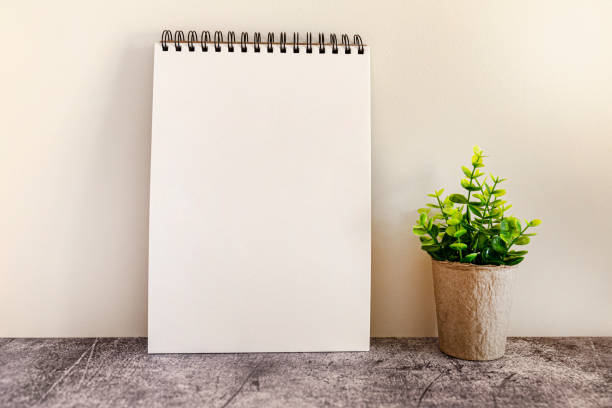 istock White spiral notepad with a plant on a pastel background 1436911296