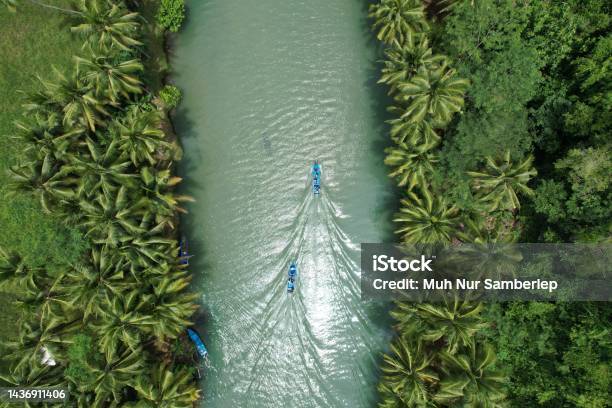 River And Blue Boats Stock Photo - Download Image Now - Above, Aerial View, Asia