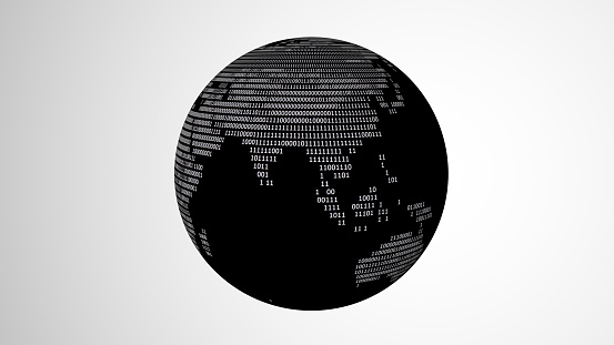 A black globe with binary code map rotating on a white background