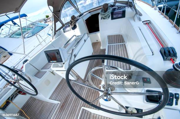 Double Wheel Sailboat Stern Deck Area Stock Photo - Download Image Now - Boat Deck, Cable Winch, Canopy