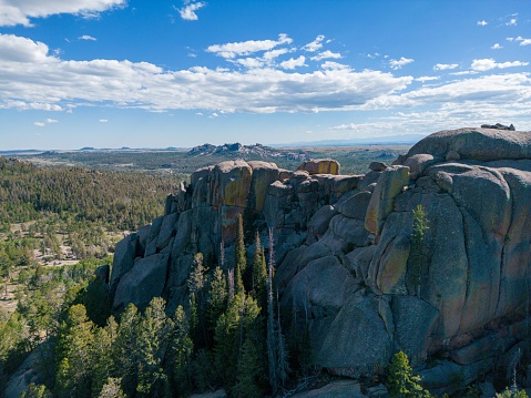 Aerial  view of Vedauwoo and Blair Wallis outdoor Recreation area geology rock formations near Laramie Wyoming, US.