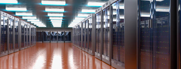 server room. server data center. backup, mining, hosting, mainframe, farm and computer rack with storage information. 3d rendering - network server rack data center in a row imagens e fotografias de stock