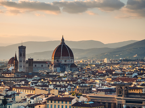 An aerial view of the Florence skyline at sunset in Italy