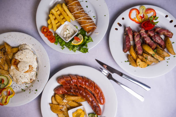 istock Top view of different dishes on a white table 1436913644