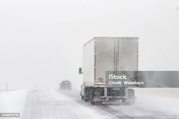 Winter Road Conditions With Vehicles On I80 In Southern Wyoming Near Vedauwoo And Buford Wy Stock Photo - Download Image Now