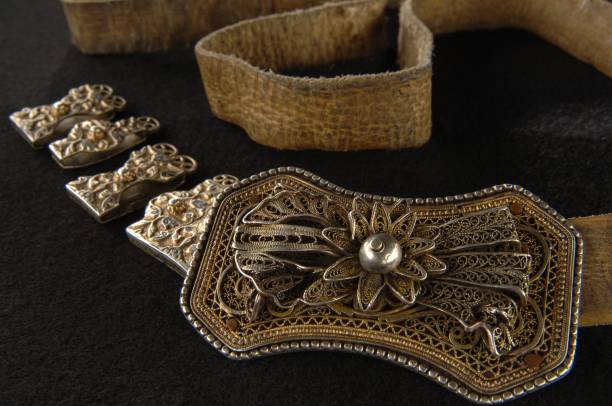 An antique, silver belt isolated on a black background, Central Asia, Uzbekistan