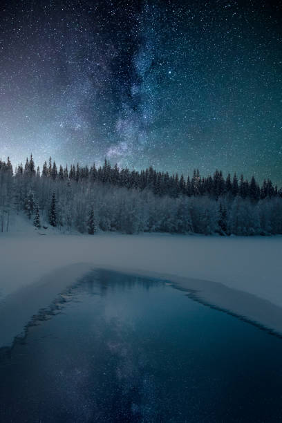 istock Magical winter night with starry sky and snowy trees 1436916292