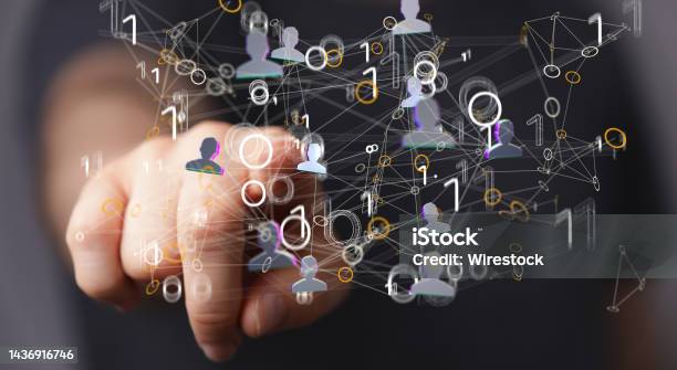 Males Hand Pointing To An Illustration Of Global Digital Connections With Technology Stock Photo - Download Image Now