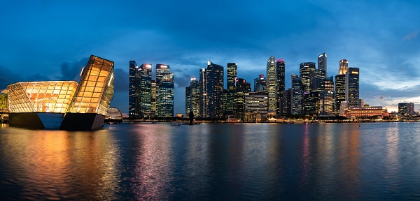 Singapore City, Singapore – October 01, 2022: A panorama of the Singapore City CBD Skyline at Dusk
