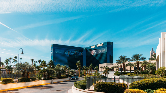 Las Vegas, United States – November 24, 2021: A scenic shot of the Facade of MGM Grand casino in Las Vegas, Nevada, USA