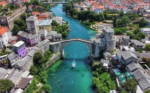 An aerial view of the Mostar Old bridge located in the city of Mostar, Bosnia and Herzegovina
