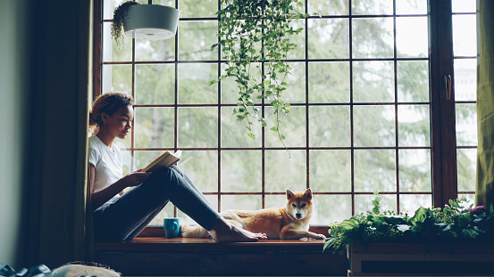 Attractive young lady is reading book sitting on windowsill in the house together with adorable small puppy. Large window, green plants, nice interior is visible.