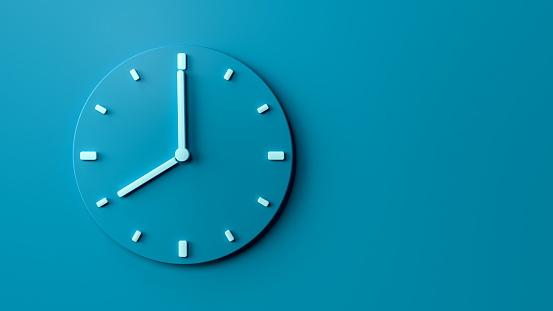 A 3d render of eight o'clock sea blue Office Wall Clock on a blue background