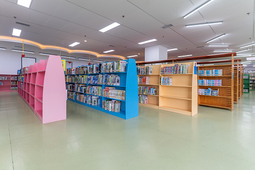Bookshelves and books in children's reading room