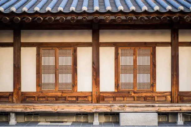 A closeup shot of a building in Bukchon Hanok village in South Korea