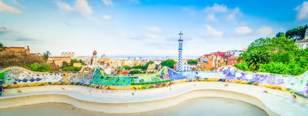Barcelona cityscape on sunny summer day, travel destination and vacations concept wide panorama in Park, Barcelona Spain.