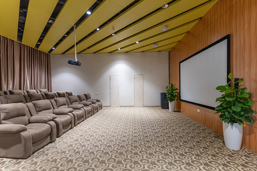 Sofa and projection in the small theater viewing room
