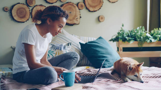 istock Cheerful African American student is using laptop doing homework sitting on bed at home while her adorable pet dog is resting near her. Modern technology and education concept. 1436925347