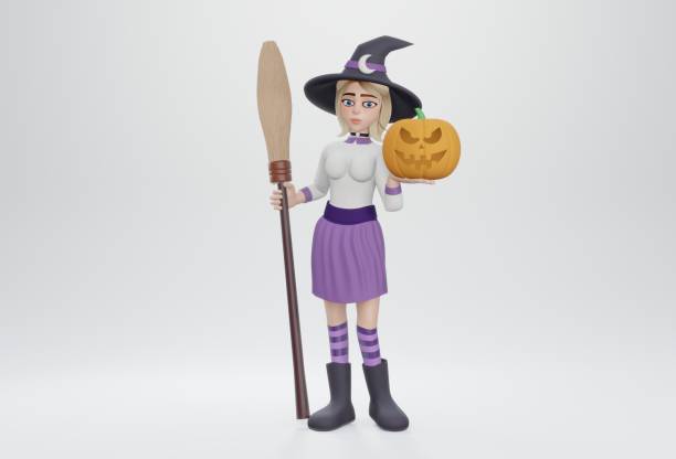 istock 3d render. Cute witch holding a pumpkin and smile at the camera. 1436927218