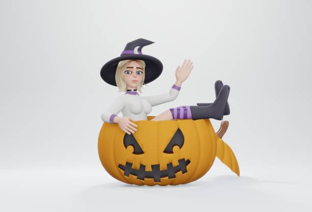 istock 3d rendering. A witch sitting on pumpkin. Halloween witch sitting on a pumpkin 1436927227