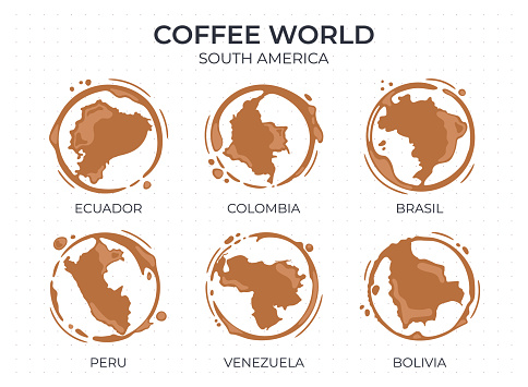 Collection of coffee cup round stains shaped like a coffee origin countries, producers and exporters from South America. Vector drops and splashes on white.