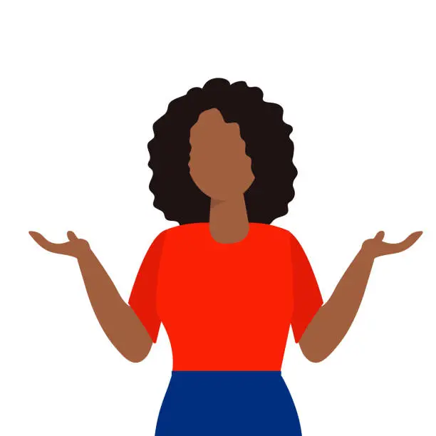 Vector illustration of African American woman in red t shirt shrug. Say I don't know. Say oops.