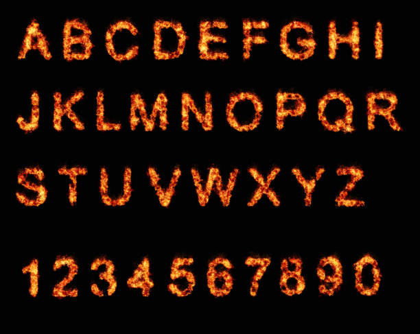 燃焼タイプ:炎と火の中の文字と数字の完全なアルファベット - letter t letter a alphabet capital letter ストックフォトと画像