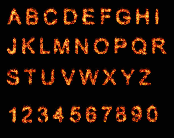 Burning type: Complete alphabet of letters and numbers in flames and fire Fiery full alphabet of flaming capital letters for you to incorporate in your design. Versions of these characters in even higher resolution are also available here as separate files. fire alphabet letter t stock pictures, royalty-free photos & images