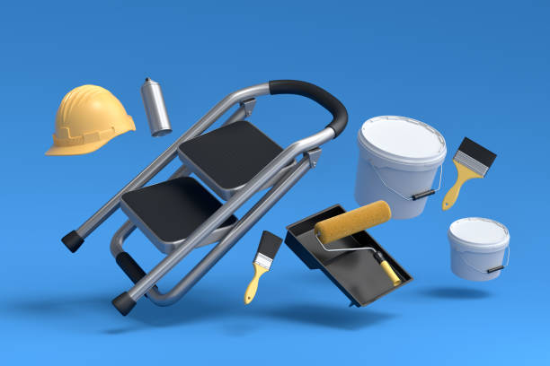 istock Set of folding ladder, bucket, helmet with paint rollers and brushes on blue. 1436932724