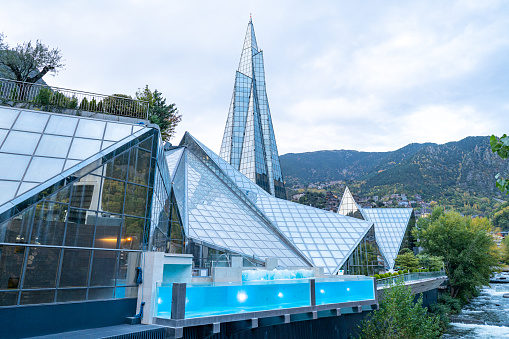 Escaldes - Engordany: 2022 October 26: Exterior panorama of the Caldea Thermal Center in Andorra and Caldea Sports Complex in autumn 2022.