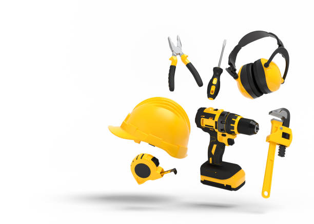 istock Flying view of yellow construction tools for repair on white 1436933549