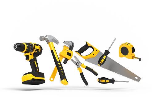 Flying view of yellow construction tools for repair and installation on white background. 3d rendering and illustration of service banner for house plumber or repairman