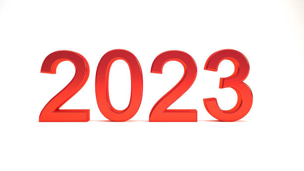 istock 2023 red 3D text isolated on white background, happy new year backdrop concept 3D rendering illustration. 1436934769