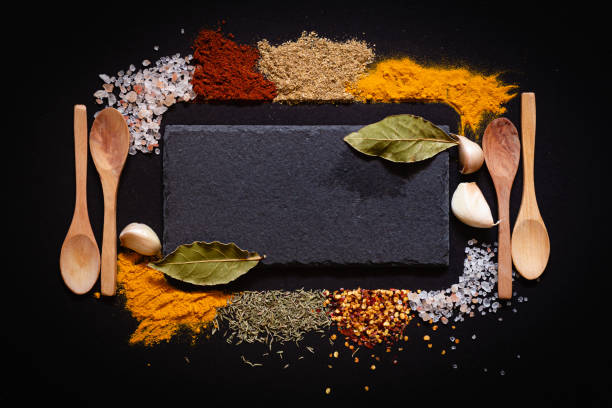 istock Various spices spoons on black background with copy space top view 1436935873