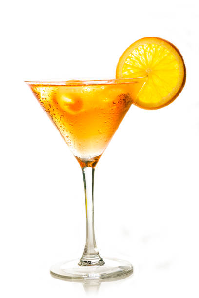 istock Yellow drink with ice cubes and orange slice on white background, isolated 1436937537