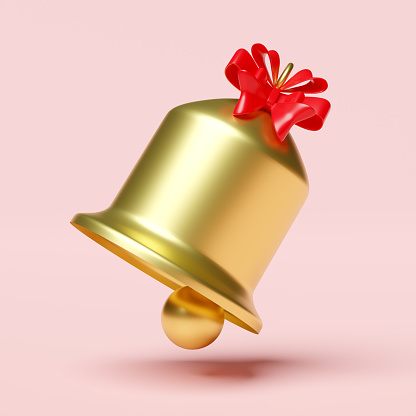 golden color Jingle bell and red bow icon isolated on pink background. Concept Christmas and festive New Year, 3d illustration or 3d render, clipping path