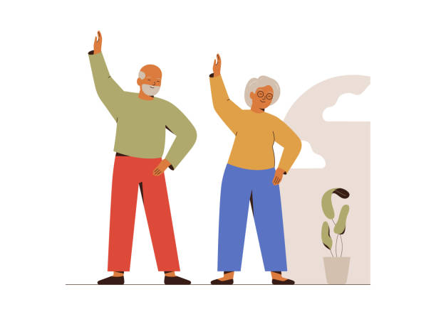 Elderly couple doing morning exercises at home. Active Senior people has fitness workout near the window. Elderly couple doing morning exercises at home. Active Senior people has fitness workout near the window. Concept of healthy sport habits and active lifestyle. Vector illustration. cartoon of the older people exercising gym stock illustrations