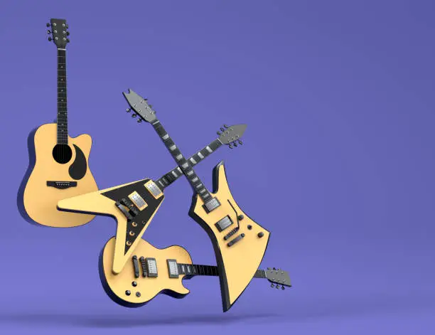 Set of electric acoustic guitars isolated on blue background. 3d render of concept for rock festival poster with heavy metal guitar for music shop