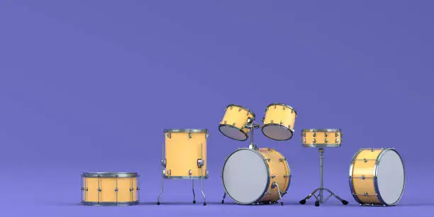 Set of drums with metal cymbals on purple background. 3d render of musical percussion instrument, drum machine and drumset with heavy metal guitar for rock festival poster