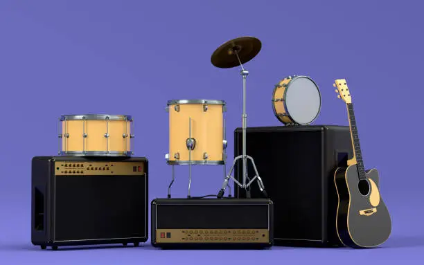 Set of electric acoustic guitars, amplifiers and drums with metal cymbals on purple background. 3d render of musical percussion instrument, drum machine and drumset with heavy metal guitar