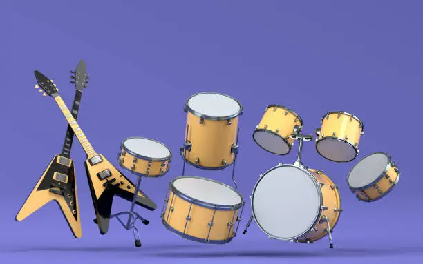 Set of electric acoustic guitars and drums with metal cymbals on purple background. 3d render of musical percussion instrument, drum machine and drumset with heavy metal guitar for rock festival