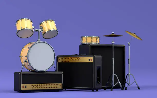 Set of electric acoustic guitars, amplifiers and drums with metal cymbals on purple background. 3d render of musical percussion instrument, drum machine and drumset with heavy metal guitar