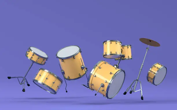 Set of drums with metal cymbals on purple background. 3d render of musical percussion instrument, drum machine and drumset with heavy metal guitar for rock festival poster