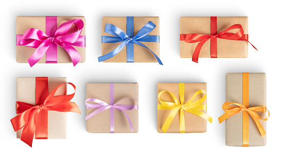 3D rendered golden ribbon wrapped gift box, new year shopping, christmas shopping concepts