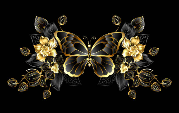 Gold butterflies on dark background Royalty Free Vector