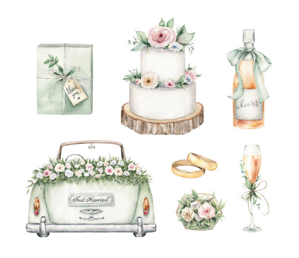 illustrations, cliparts, dessins animés et icônes de ensemble clipart de mariage à l’aquarelle. illustrations dessinées à la main isolées sur fond blanc. graphiques romantiques pour invitation, réservez la date. décoration de carte de mariage. - wedding flower decor invitation